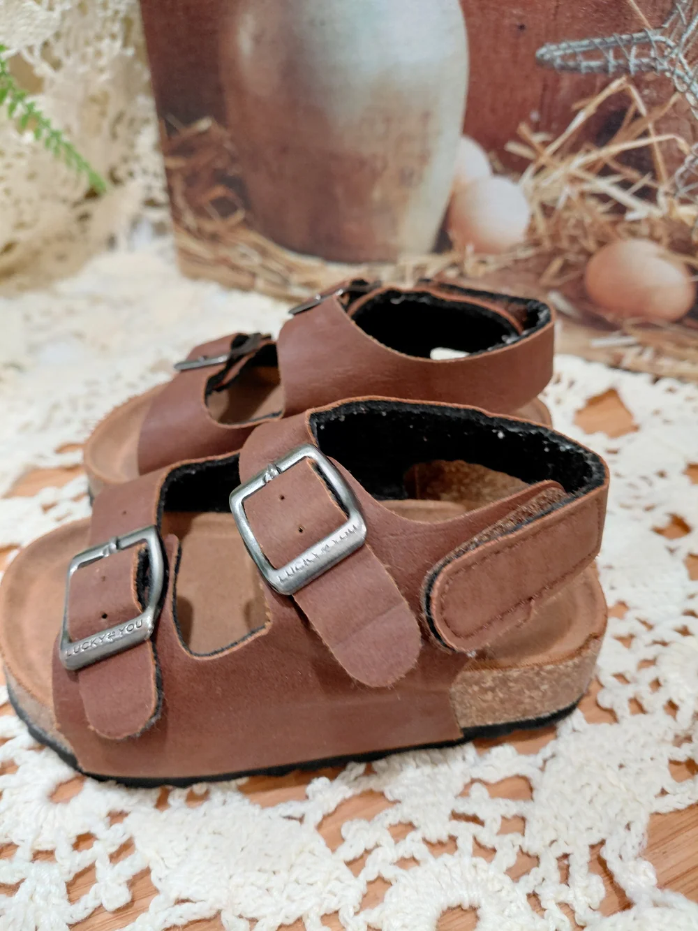 Lucky Brand Brown Double-Buckle Kids Sandals with Silver Buckles
